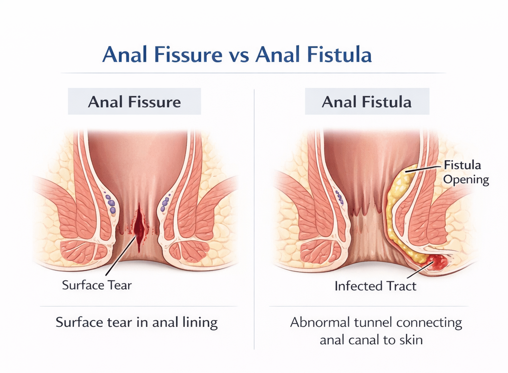 Medical illustration comparing anal fissure as a surface tear and anal fistula as a tunnel connecting anal canal to skin