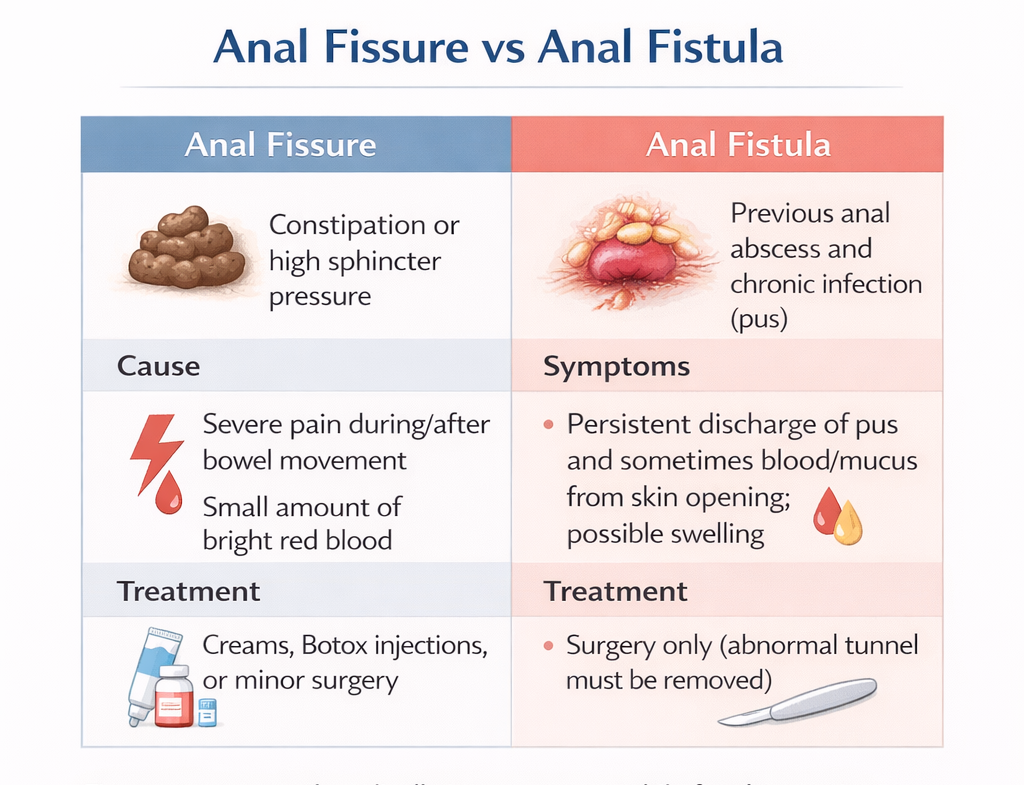 Comparison chart showing differences between anal fissure and anal fistula including cause, symptoms, and treatment