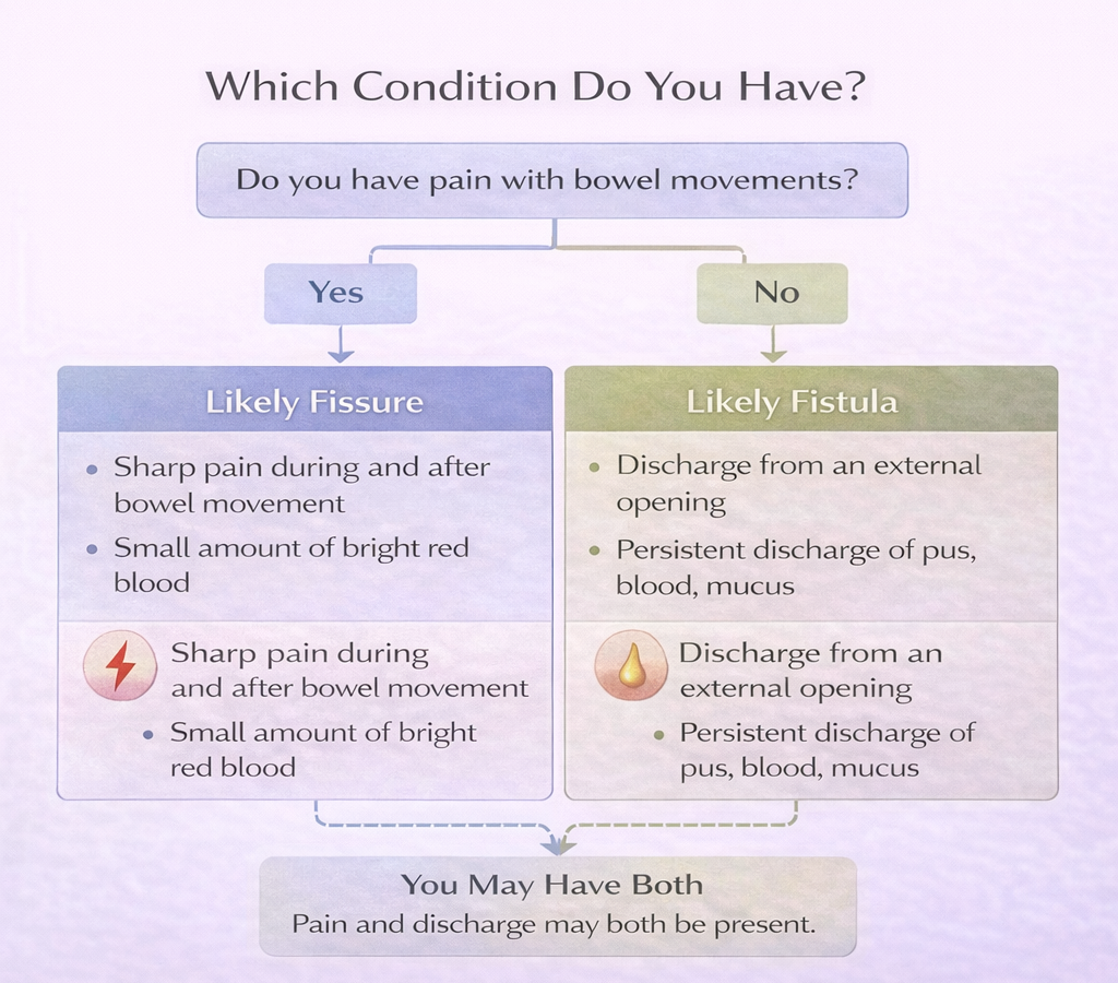 Flowchart helping differentiate anal fissure and anal fistula based on symptoms such as pain, bleeding, and discharge