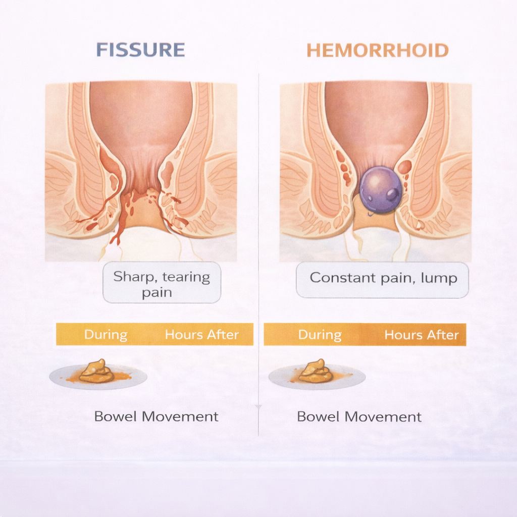 Diagram comparing anal fissure pain during and after bowel movements versus hemorrhoid-related pain and swelling
