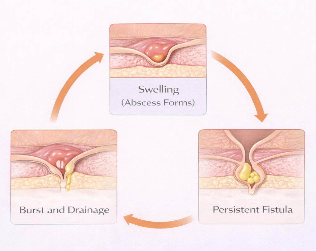 Diagram showing progression from abscess formation to drainage and development of a persistent fistula
