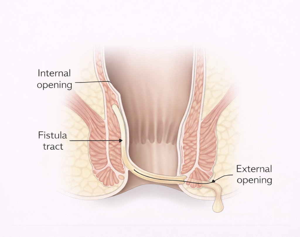 Medical diagram of anal fistula showing internal opening, fistula tract, and external opening in relation to sphincter muscles