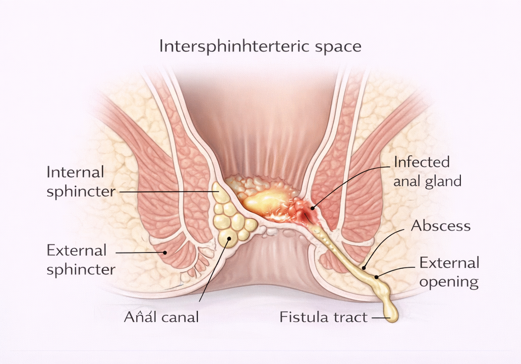 Medical diagram showing anal gland infection in the intersphincteric space leading to abscess formation and development of an anal fistula tract