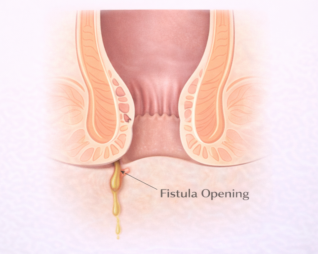 Medical illustration showing anal fistula external opening on perianal skin with tract leading from anal canal
