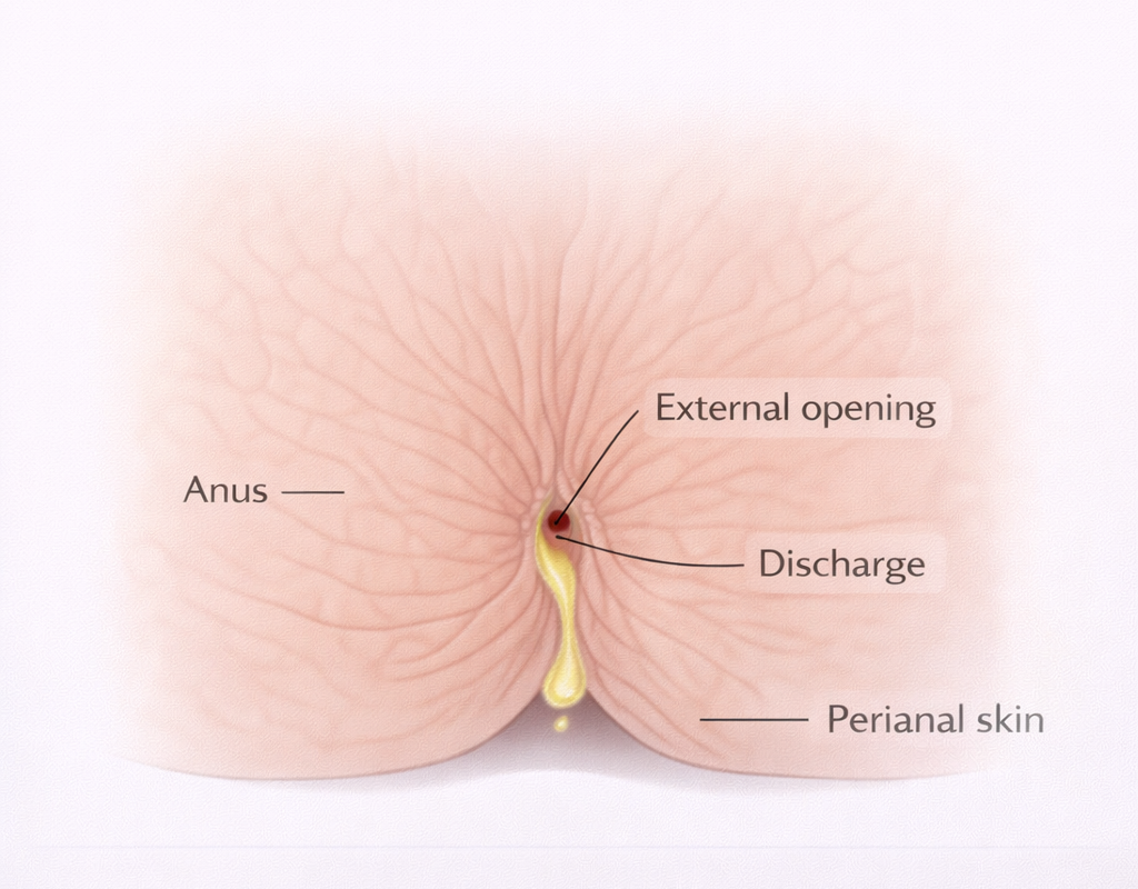 Medical diagram showing anal fistula external opening on the perianal skin indicating the source of discharge and symptoms