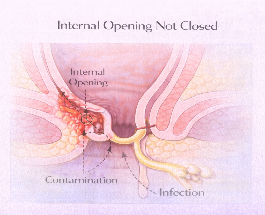 Diagram showing persistent internal opening allowing infection to re-enter fistula tract causing recurrence