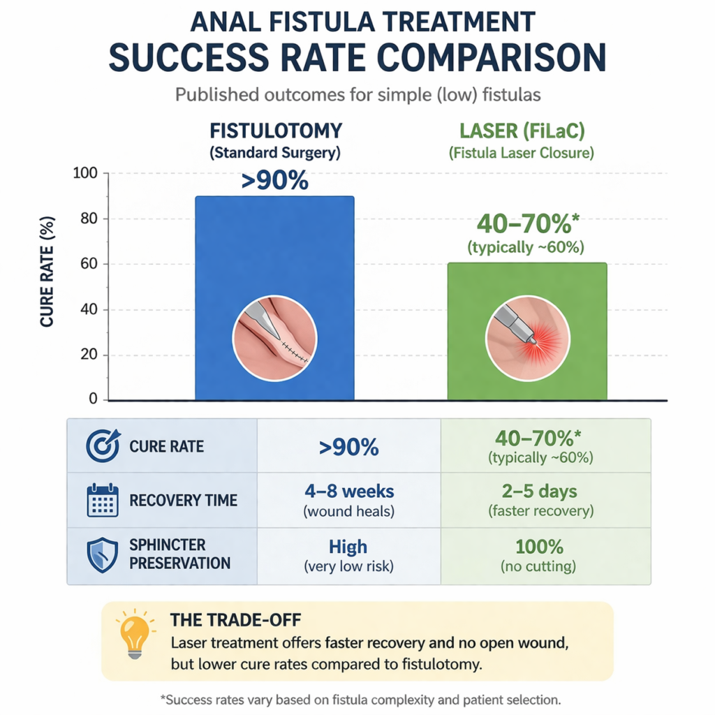 Bar chart comparing success rates of laser treatment (FiLaC) and fistulotomy for anal fistula showing lower effectiveness of laser
