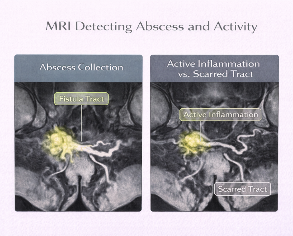 Illustration showing MRI detection of abscess collections and differentiation between active inflammation and scarred fistula tract