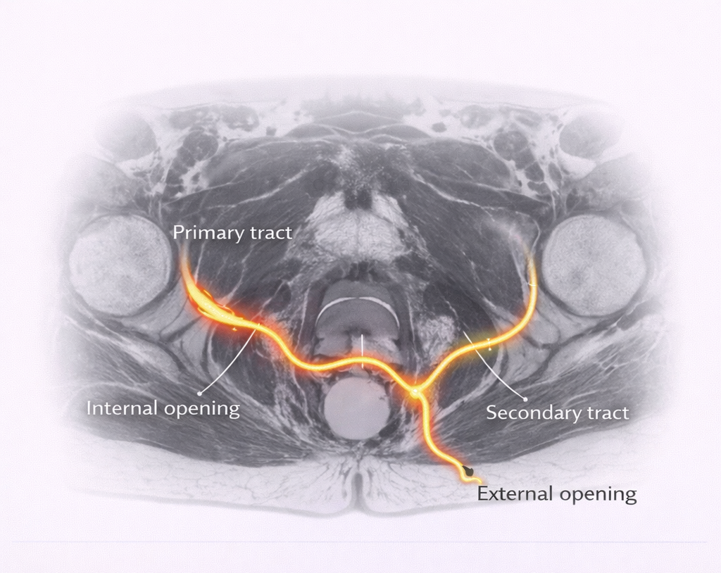 MRI schematic showing anal fistula tract highlighted from internal opening to external opening in the pelvis