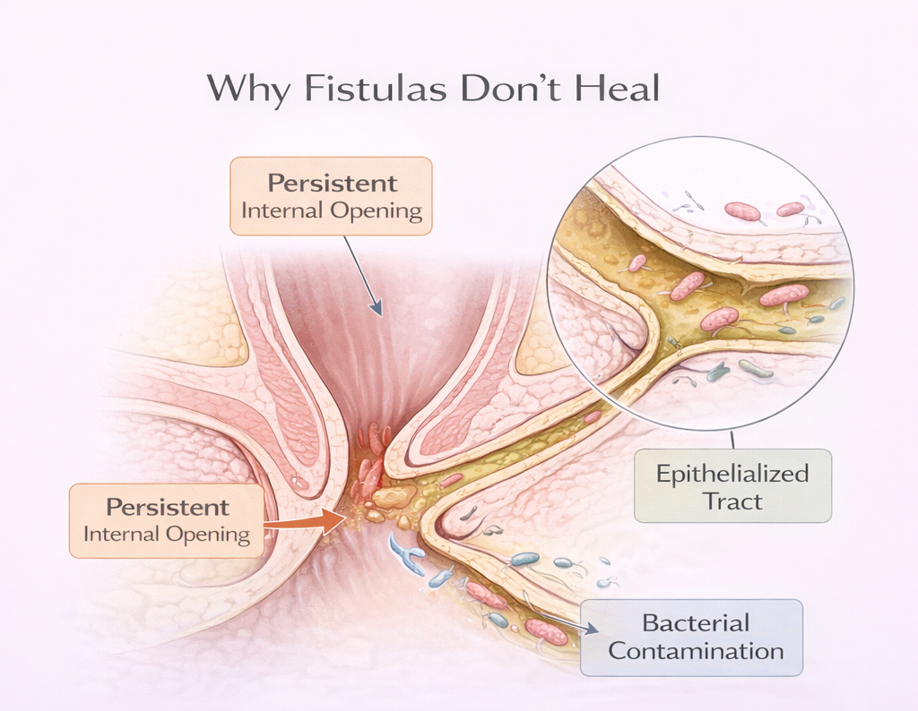 Diagram showing persistent internal opening, epithelialized tract, and bacterial contamination preventing anal fistula healing