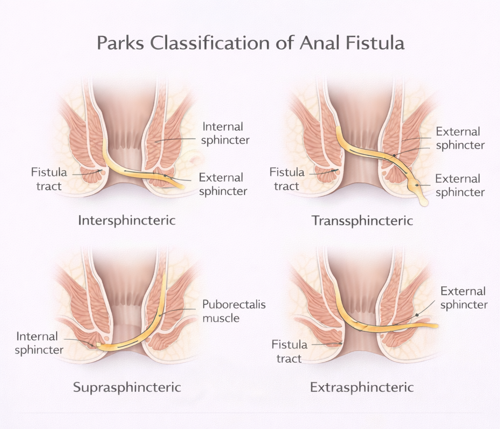 Diagram showing Parks classification of anal fistula including intersphincteric, transsphincteric, suprasphincteric, and extrasphincteric types