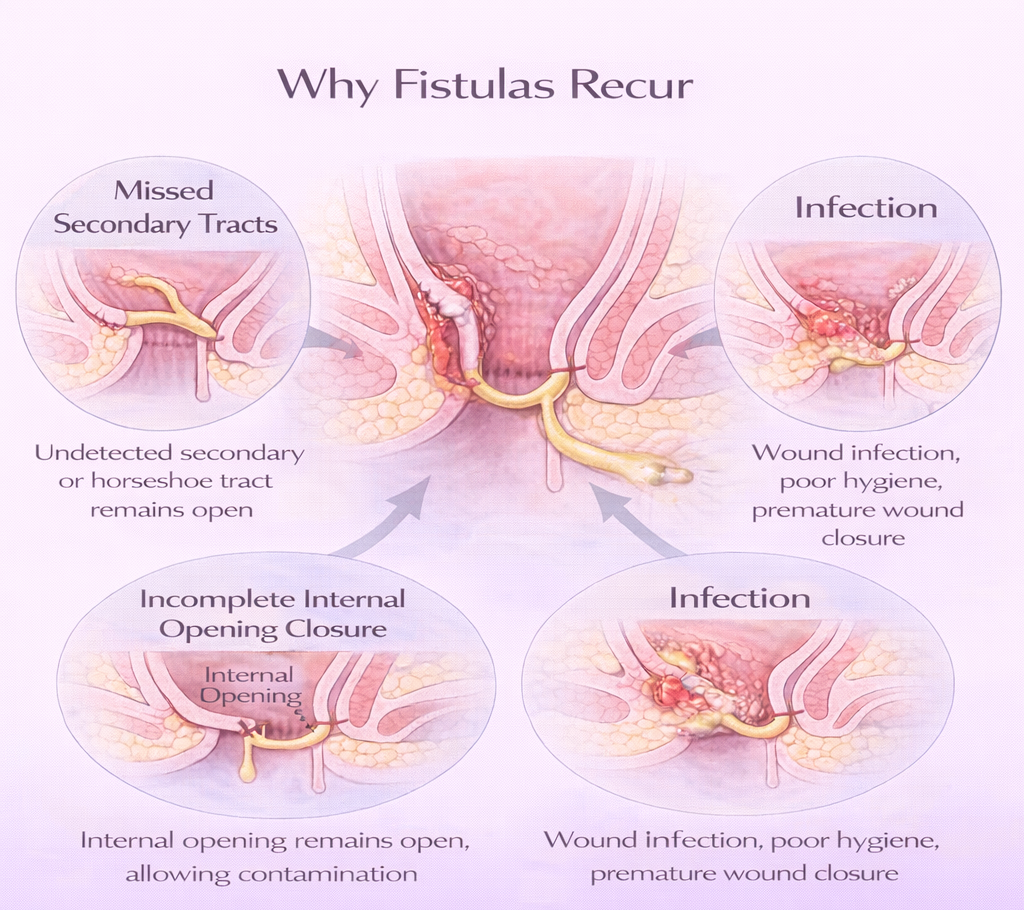 Diagram showing main causes of anal fistula recurrence including missed secondary tracts, incomplete internal opening closure, and infection