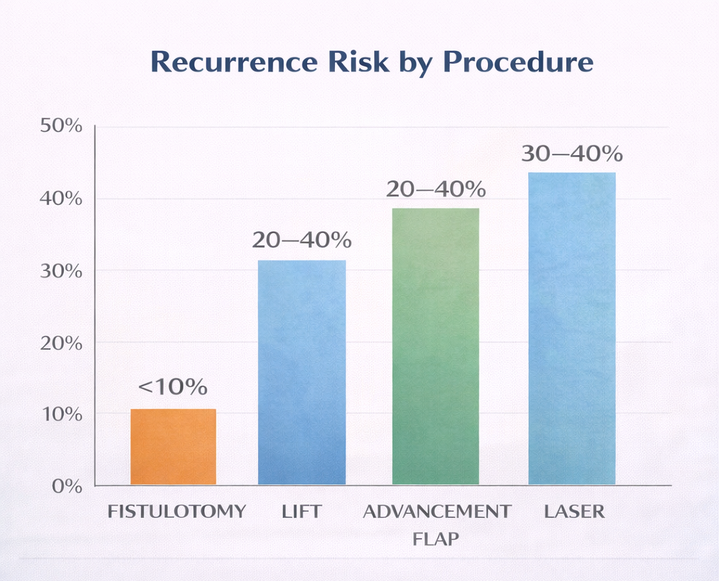 Chart showing recurrence rates of anal fistula after different procedures including fistulotomy, LIFT, advancement flap, and laser treatment