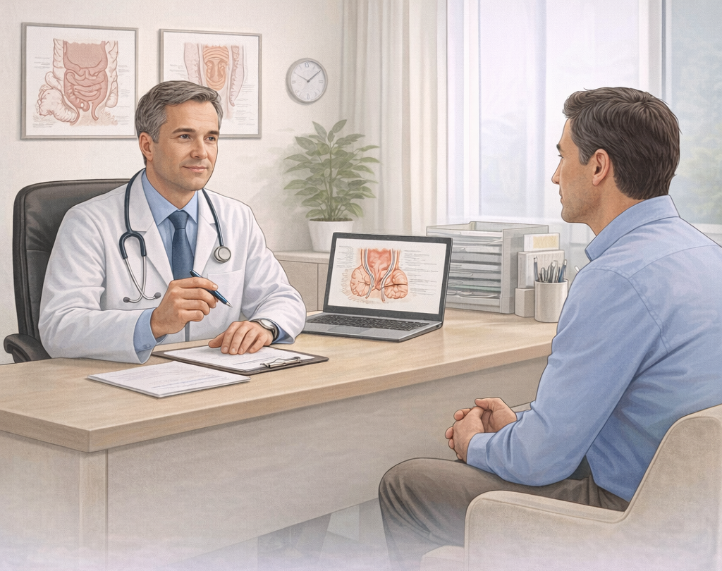 Medical illustration showing colorectal specialist consulting with patient in a private clinical setting for second opinion after failed anal fistula surgery