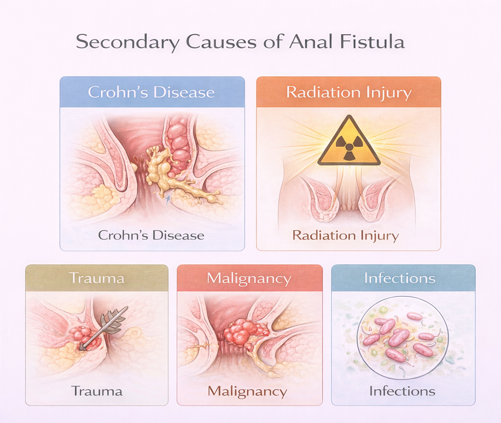 Infographic showing secondary causes of anal fistula including Crohn’s disease, radiation injury, trauma, malignancy, and infections