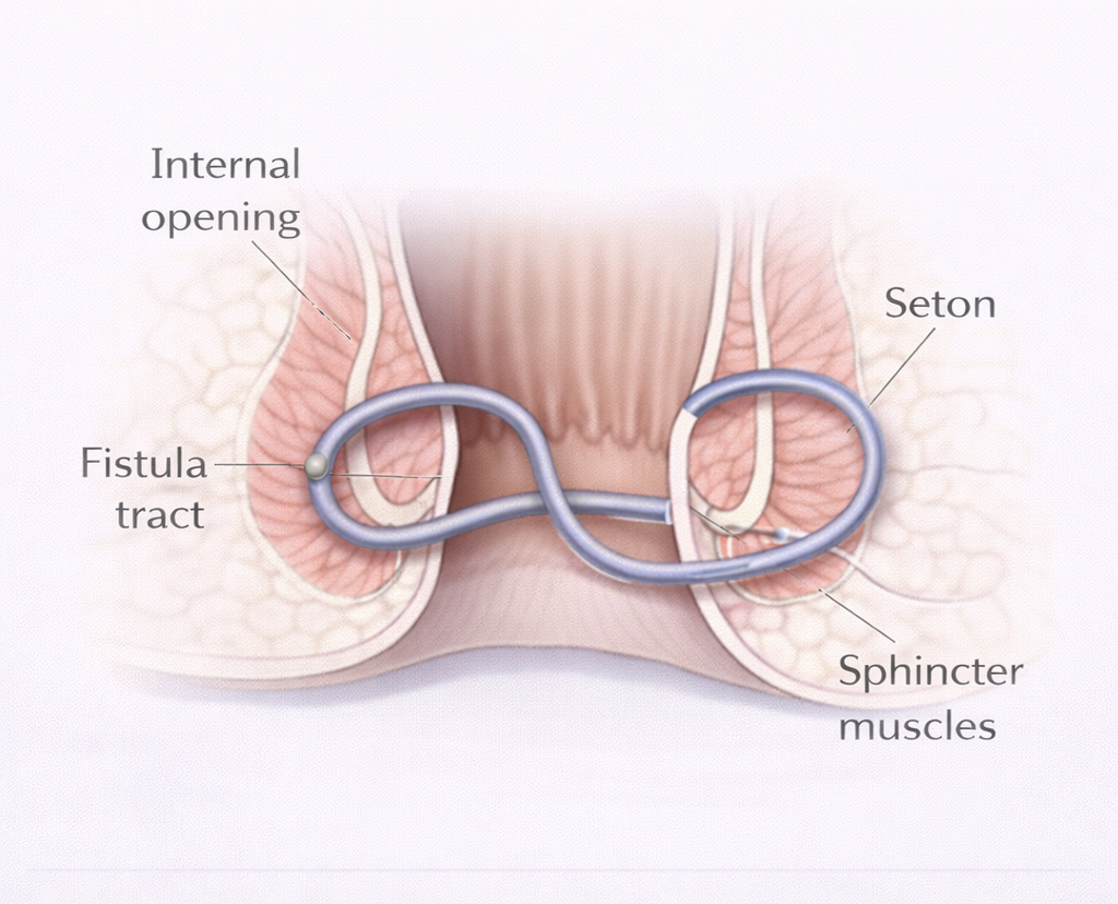 Medical diagram showing seton placement through anal fistula tract forming a loop around the sphincter to allow continuous drainage