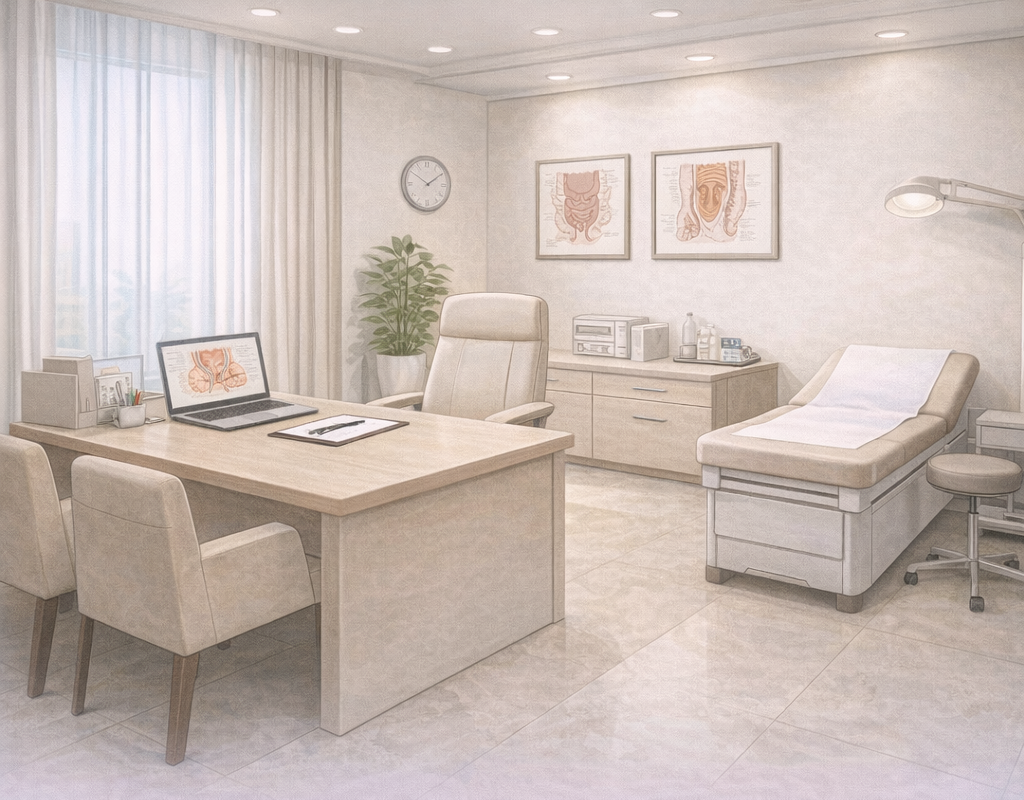 Medical illustration showing a private and discreet clinic consultation room in Dubai for anal fistula specialist assessment