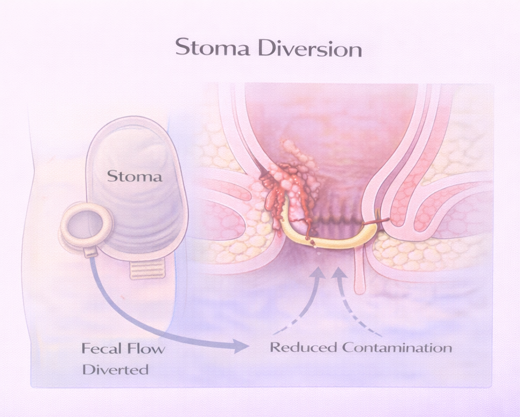 Medical illustration showing stoma diverting fecal flow away from anorectal area to reduce fistula contamination