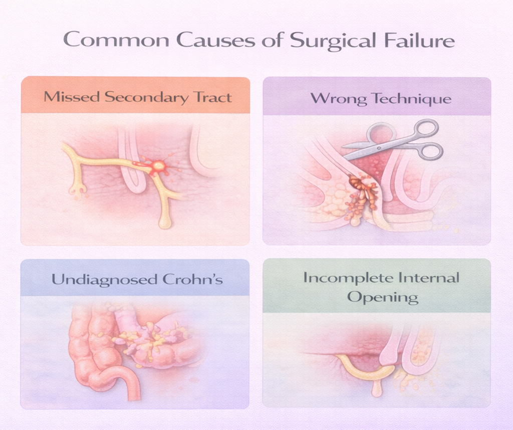 Infographic showing common causes of anal fistula surgery failure including missed tracts, incorrect technique, and Crohn’s disease