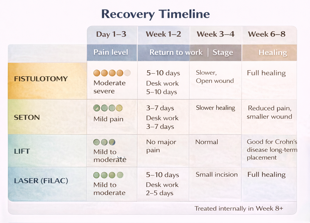 Infographic showing recovery timeline after anal fistula surgery comparing fistulotomy, seton placement, LIFT procedure, and laser treatment