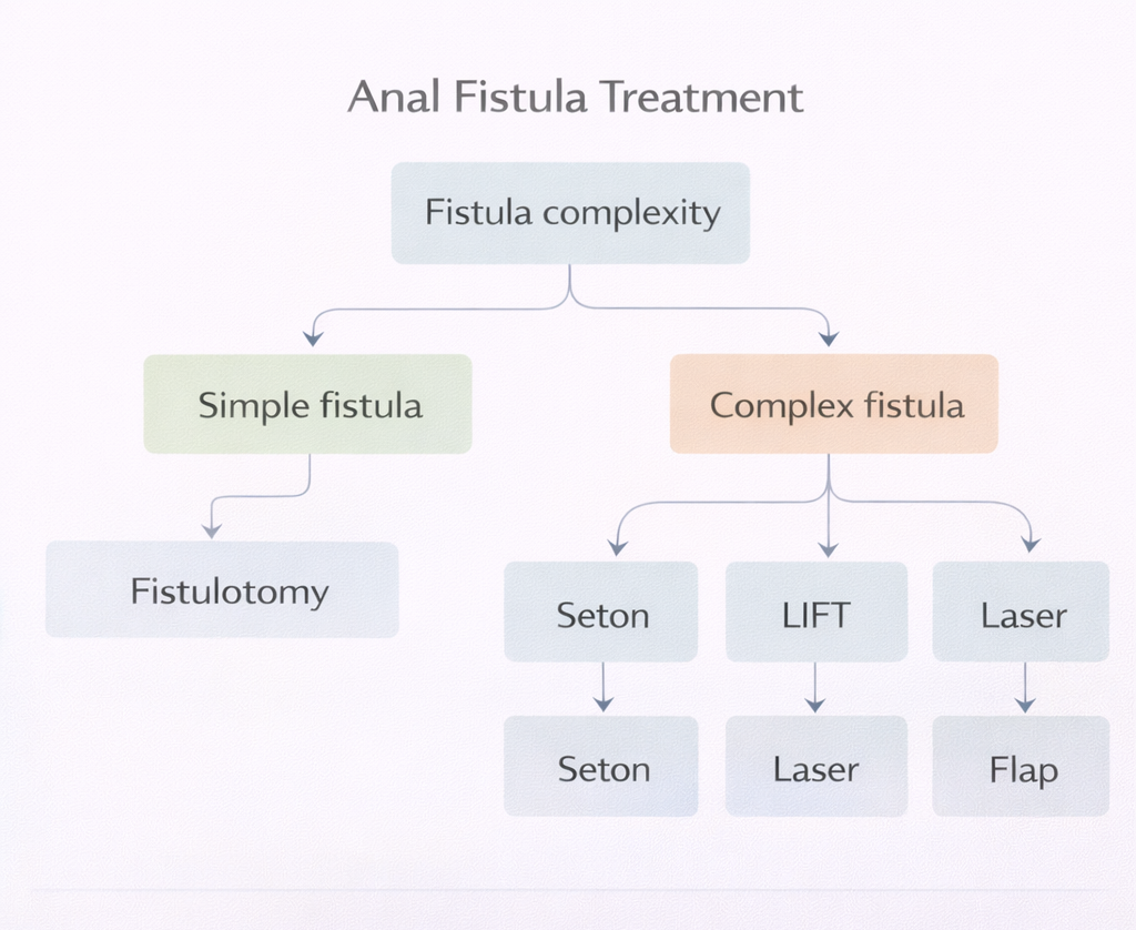 Flowchart showing anal fistula treatment options based on simple versus complex fistula including fistulotomy, seton, LIFT, and laser