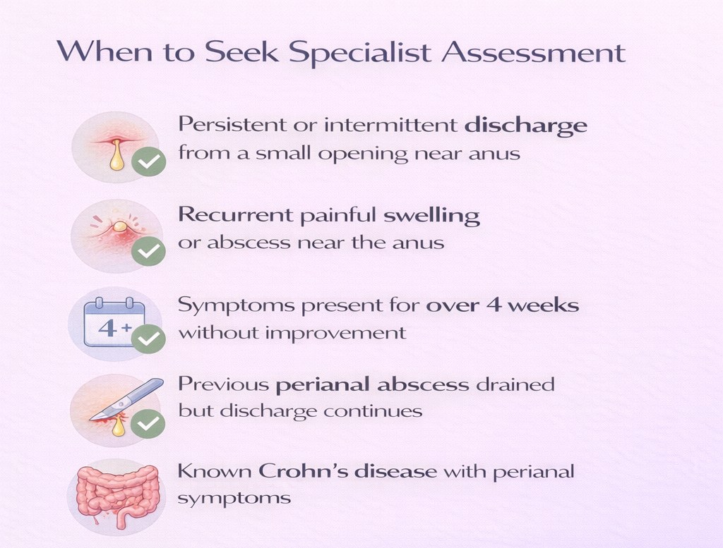 Infographic showing when to seek specialist assessment for anal fistula including discharge, swelling, and persistent symptoms