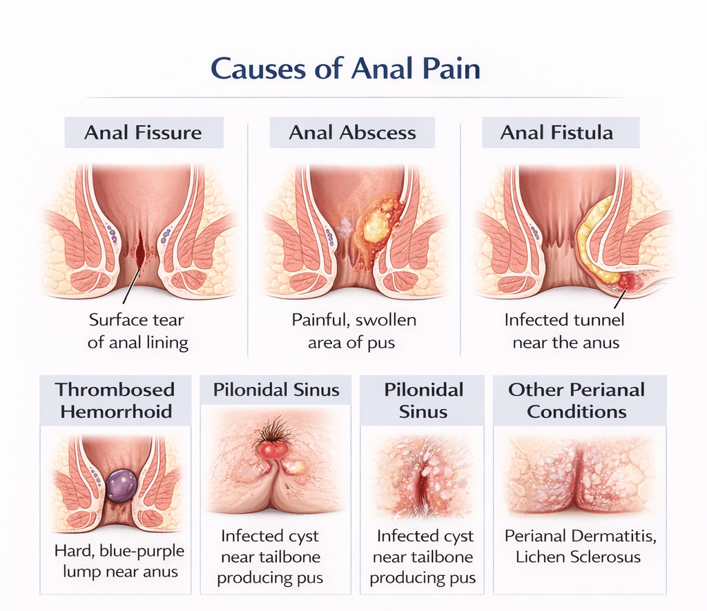Medical infographic showing different causes of anal pain including anal fissure, abscess, fistula, hemorrhoids, and other perianal conditions