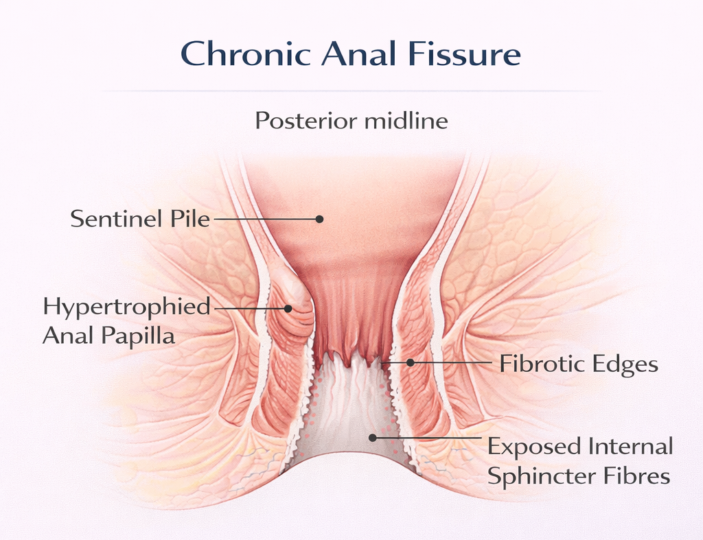 Medical diagram of chronic anal fissure showing fibrotic edges, sentinel pile, hypertrophied anal papilla, and exposed internal sphincter