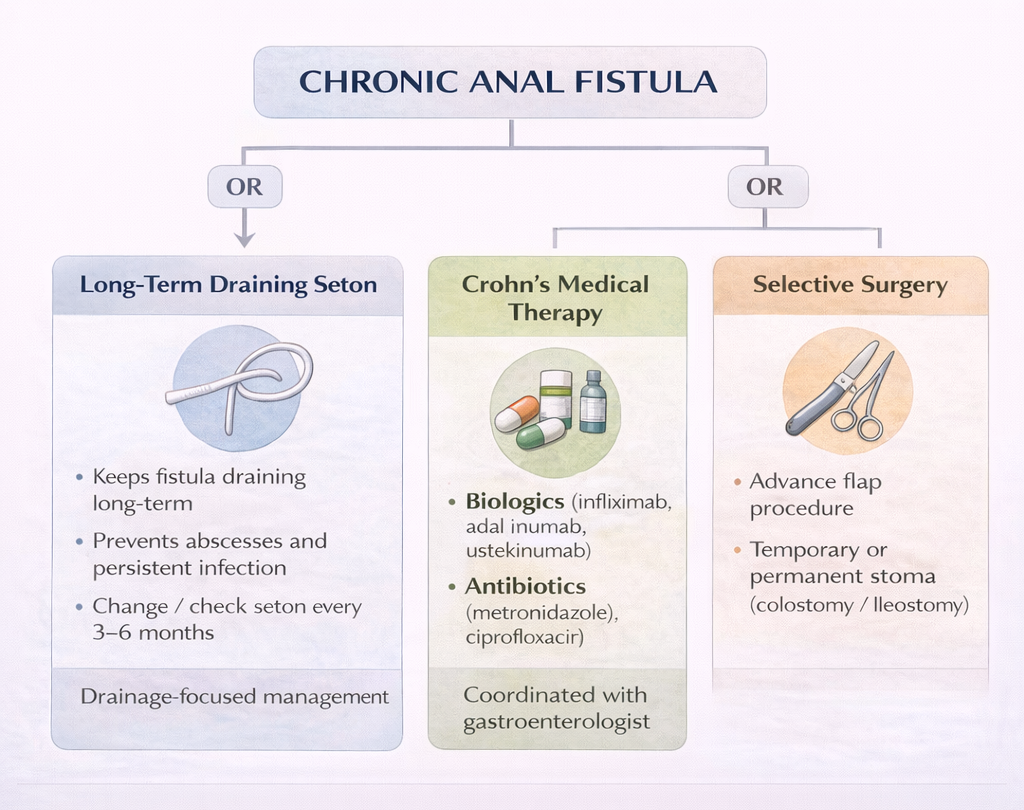 Flowchart showing long-term management strategies for chronic anal fistula including seton placement, medical therapy, and surgical options
