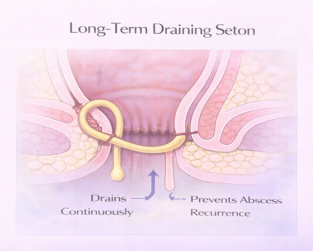 Diagram showing long-term draining seton in anal fistula maintaining continuous drainage and preventing abscess recurrence