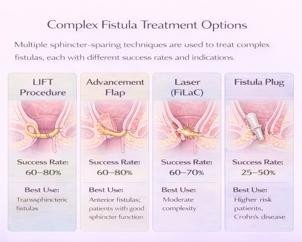Infographic comparing LIFT procedure, advancement flap, laser, and fistula plug for complex anal fistula treatment