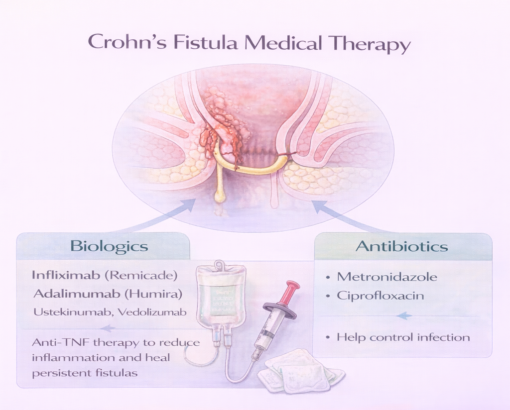 Infographic showing medical treatment of Crohn’s-related anal fistula including biologics and antibiotics