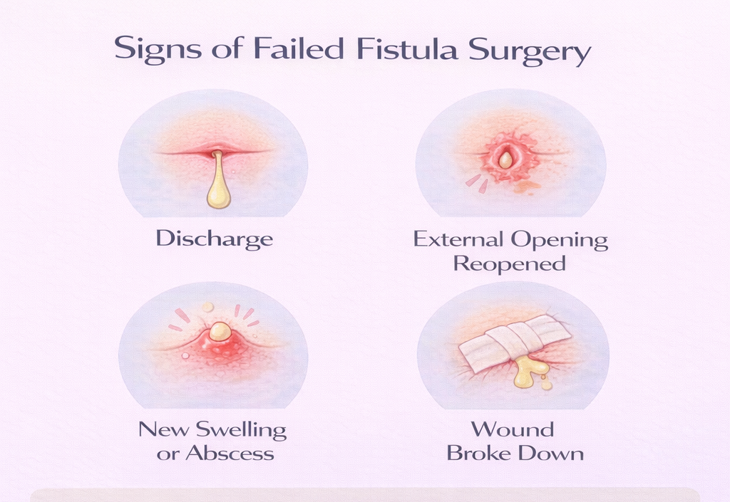 Infographic showing signs of failed anal fistula surgery including discharge, reopening of external opening, swelling, and persistent symptoms