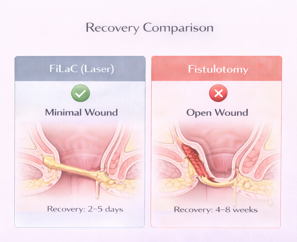 Infographic comparing recovery after laser treatment versus fistulotomy showing faster recovery and no open wound with laser
