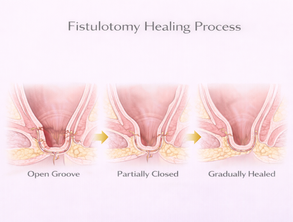 Diagram showing healing of fistulotomy wound from open groove to gradual closure over several weeks