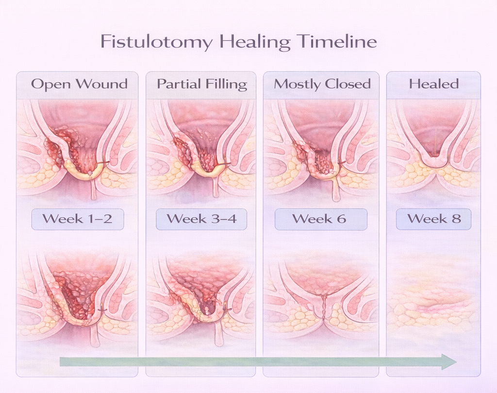 Diagram showing healing stages after fistulotomy from open wound to gradual closure over 6 to 8 weeks