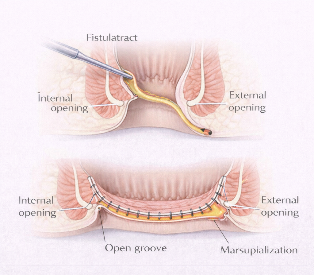 Medical diagram showing fistulotomy procedure with fistula tract opened and laid into a groove from internal to external opening
