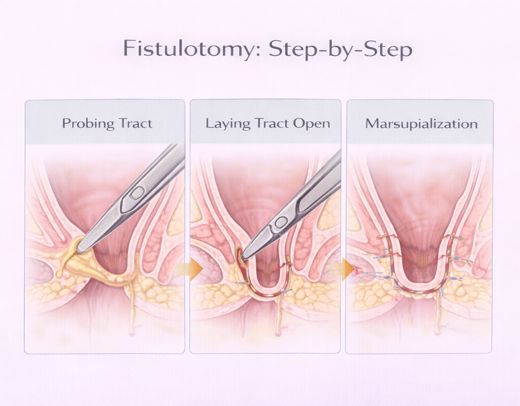 Step-by-step illustration of fistulotomy including probing the tract, laying it open, and marsupialization