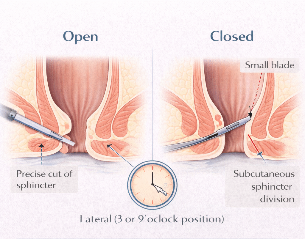 Medical diagram showing lateral internal sphincterotomy with open and closed techniques highlighting sphincter division at the lateral position