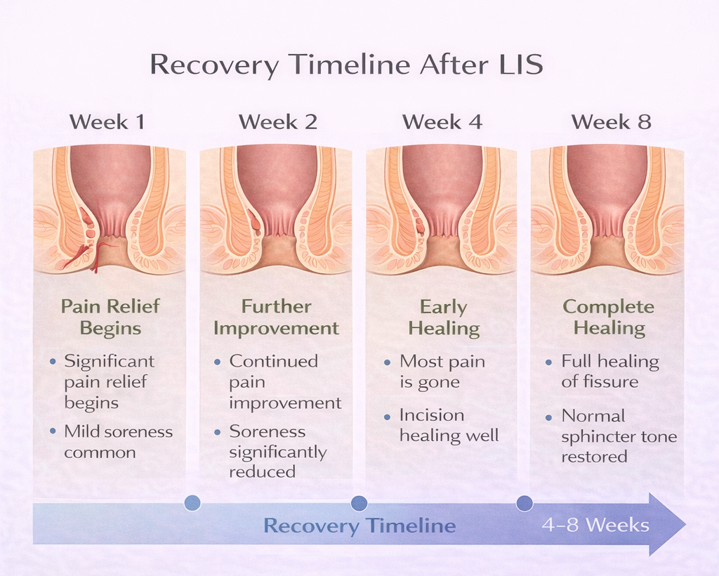 Infographic showing recovery timeline after lateral internal sphincterotomy including pain relief and healing over 4 to 8 weeks