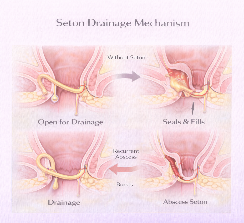 Diagram showing how seton keeps fistula tract open allowing continuous drainage and preventing abscess formation