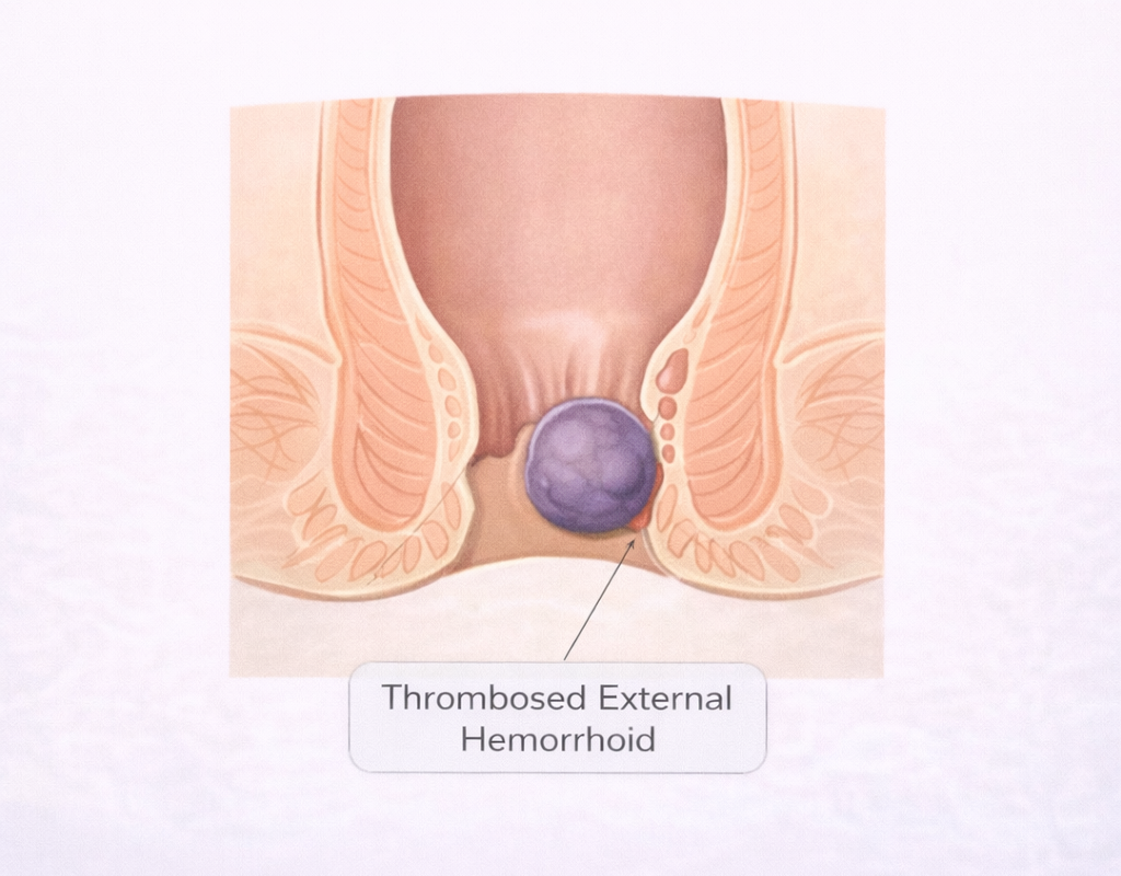 Medical illustration showing thrombosed external hemorrhoid as a painful blue-purple lump near the anus