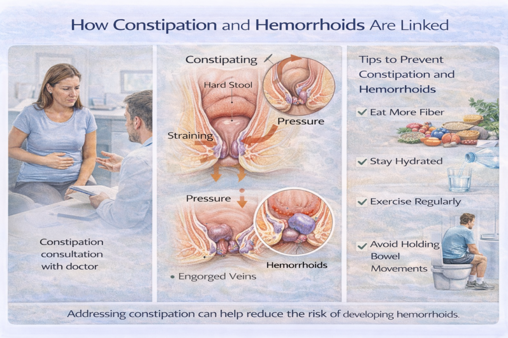 Exercise and hemorrhoids guide showing how regular activity prevents constipation and reduces hemorrhoid risk