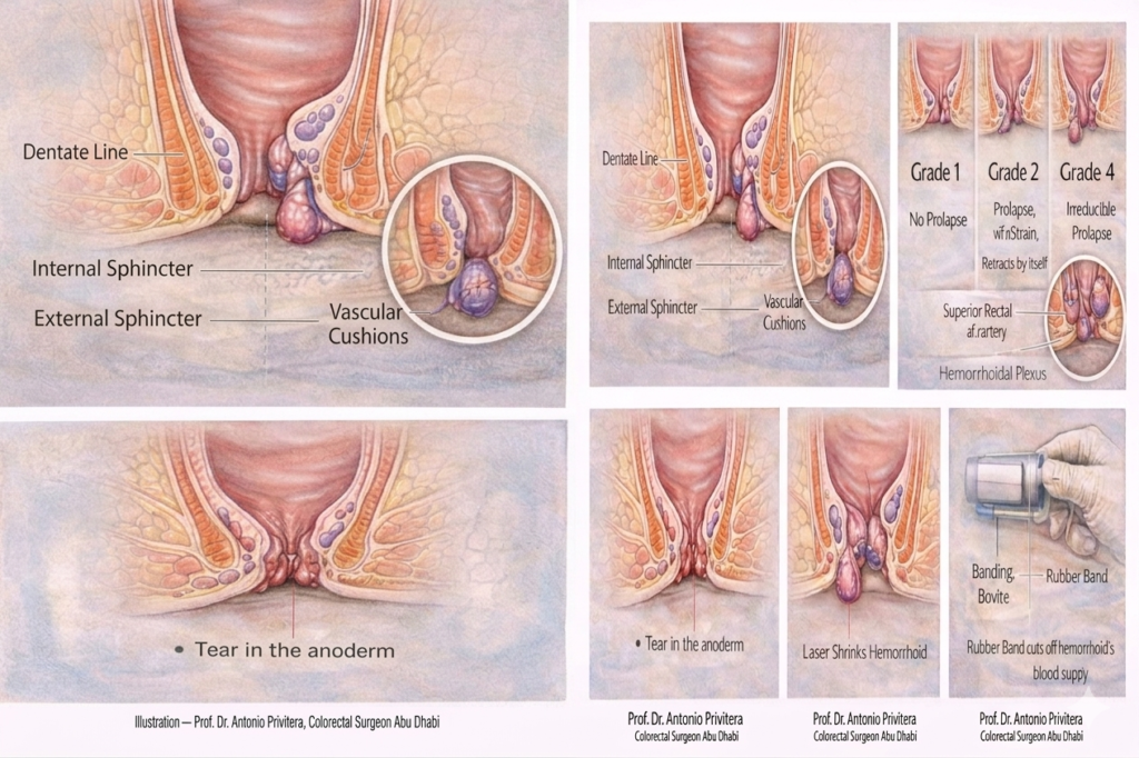 Hemorrhoid anatomy showing grades, laser treatment and rubber band ligation by abu dhabi colorectal surgeon