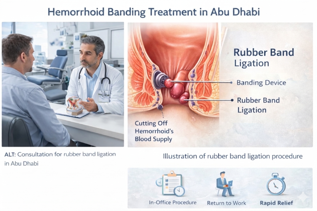 Rubber band ligation consultation and procedure illustration for hemorrhoid treatment in abu dhabi