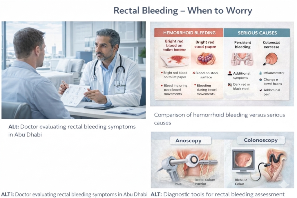Doctor evaluating rectal bleeding symptoms in abu dhabi clinic — hemorrhoid bleeding compared with serious causes