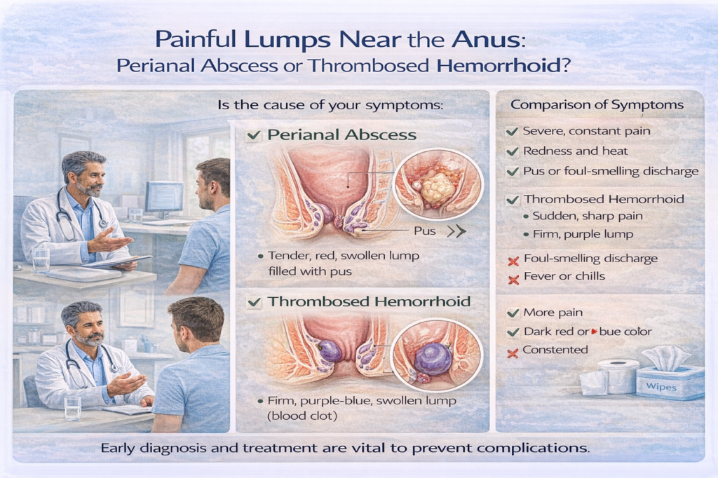 Hemorrhoid complications showing perianal abscess versus thrombosed hemorrhoid comparison in abu dhabi