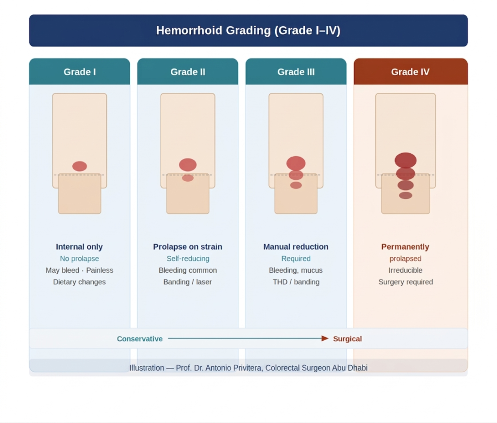 Hemorrhoid grading diagram showing Grade IV permanently prolapsed hemorrhoids requiring surgical hemorrhoidectomy