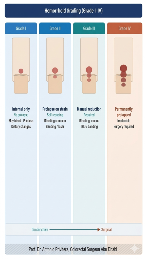 Internal hemorrhoid grading Grade I to IV showing progressive prolapse from no prolapse to irreducible