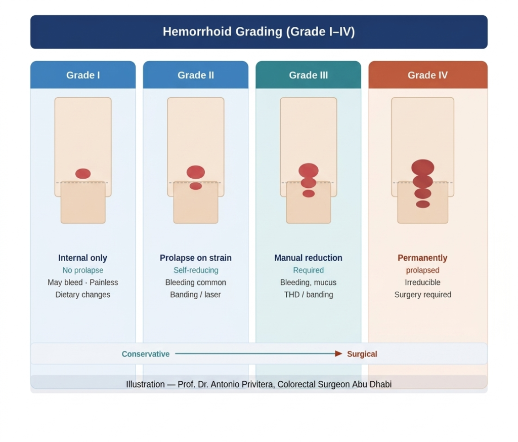 Hemorrhoid grading Grade I to IV showing which grades are suitable for laser hemorrhoid treatment